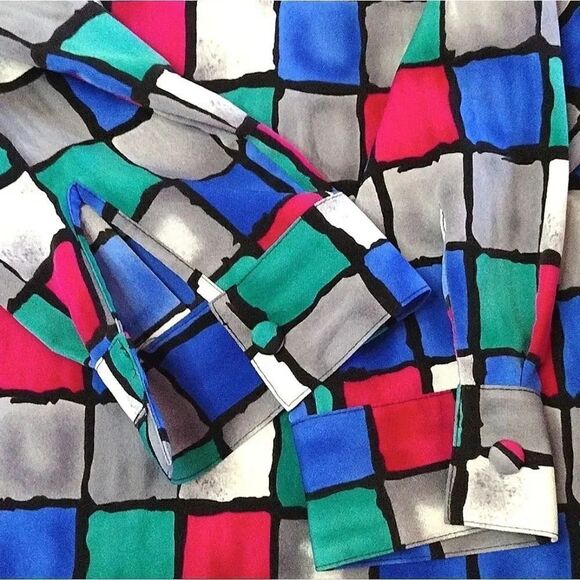 VTG 90s Colorful Colorblock Printed Button Down Satin Blouse Size 12 - Picture 9 of 15